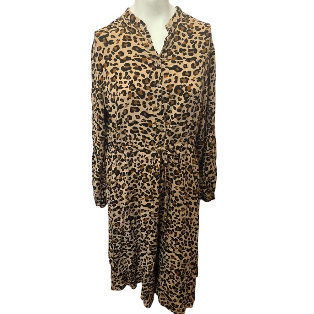 Kirundo Leopard Print Midi Dress Large Boho Long Sleeve Tie Waist Tan
